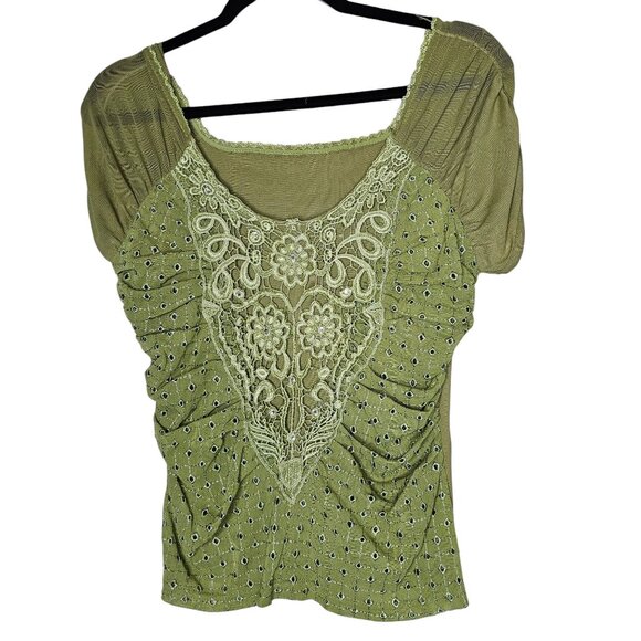 VTG Y2K  Medium Green Top Ruched Sheer Sleeve Crochet Floral Lace Fairy Grunge - Picture 1 of 5